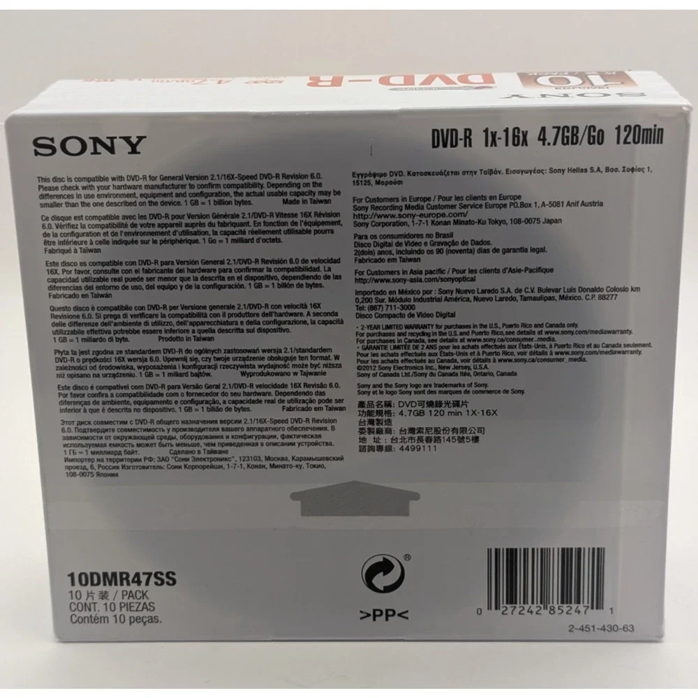 SONY DVD R 10 Pack 4.7GB 120min 16x Blank Discs Sealed NEW